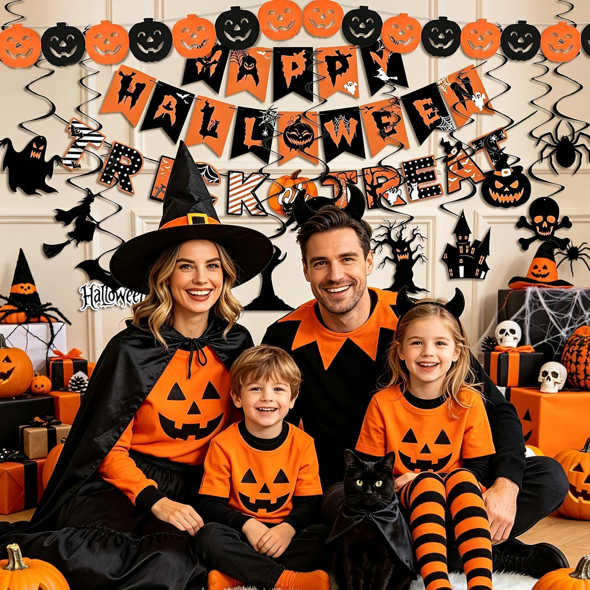 AEELLEEA Halloween Party Decorations, Banner Paper Fans Hanging Swirls, Pumpkin Ghost Bat Cutouts for Home Office Haunted House