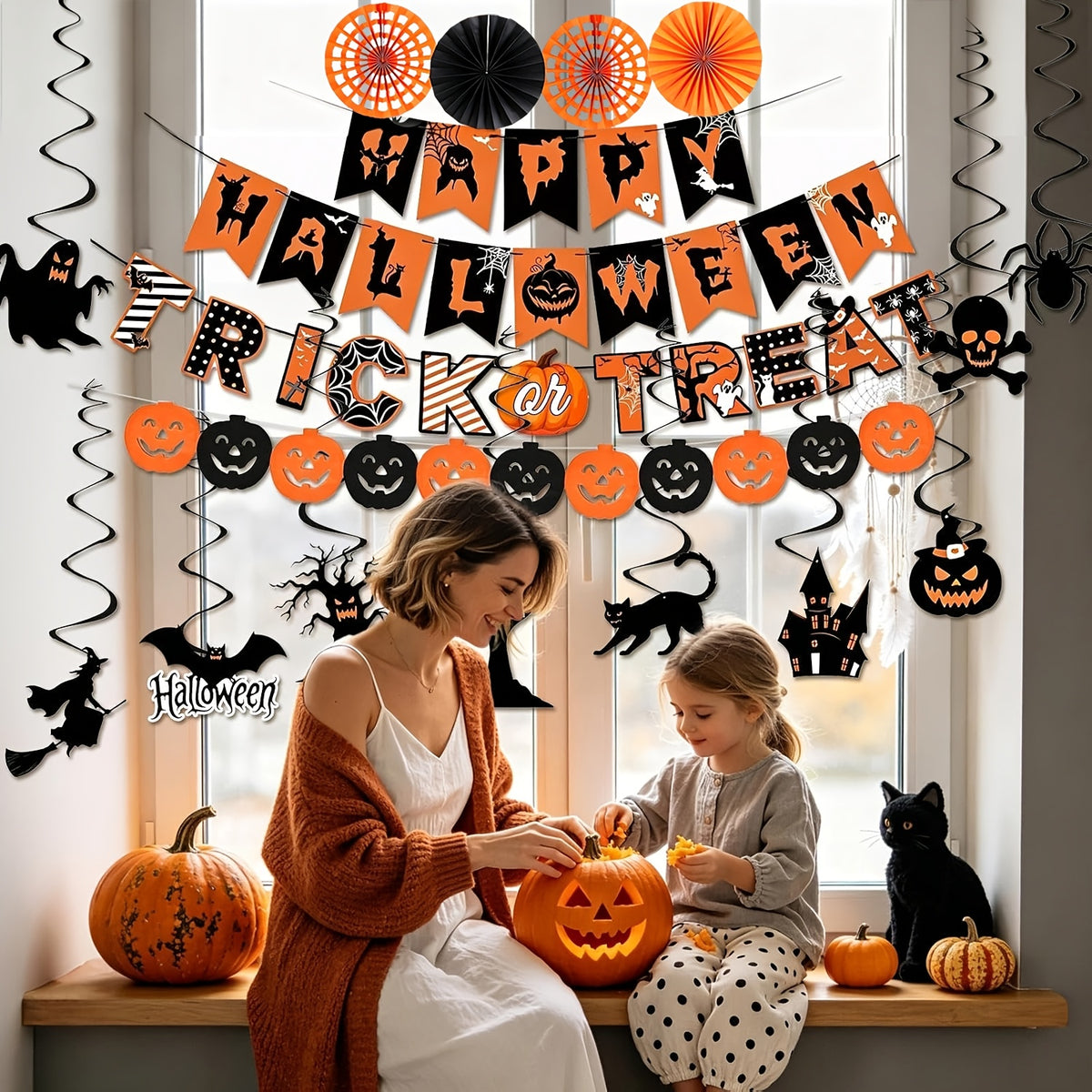 AEELLEEA Halloween Party Decorations, Banner Paper Fans Hanging Swirls, Pumpkin Ghost Bat Cutouts for Home Office Haunted House