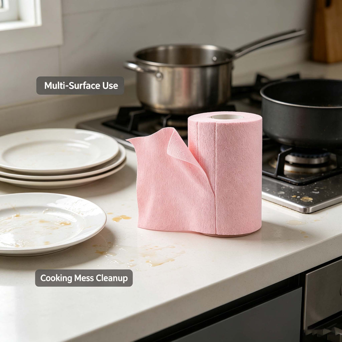 AEELLEEA 30 Sheet Pink Cleaning Cloths Roll, Tear-Off Non-Woven Kitchen Wipes, Absorbent Reusable Dish Rags for Countertop Wet Dry Use