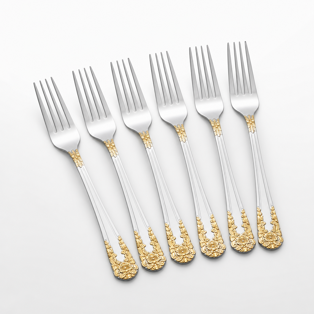 AEELLEEA Set of 6 Dinner Forks, Silver Gold Accent Stainless Steel Flatware, Elegant Large Table Forks for Home Party Wedding