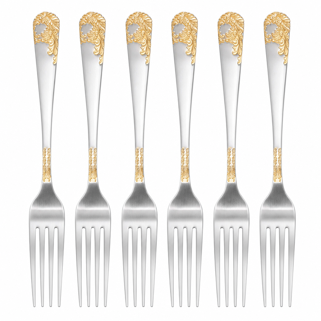 AEELLEEA Set of 6 Dinner Forks, Silver Gold Accent Stainless Steel Flatware, Elegant Large Table Forks for Home Party Wedding