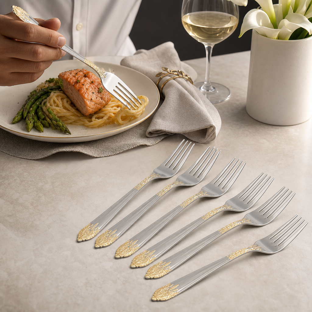AEELLEEA Set of 6 Dinner Forks, Silver Gold Accent Stainless Steel Flatware, Elegant Large Table Forks for Home Party Wedding