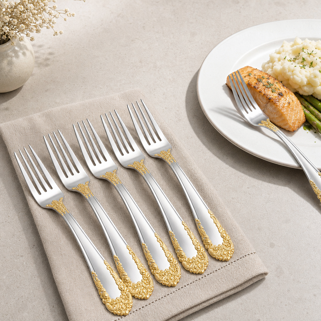 AEELLEEA Set of 6 Dinner Forks, Silver Gold Accent Stainless Steel Flatware, Elegant Large Table Forks for Home Party Wedding