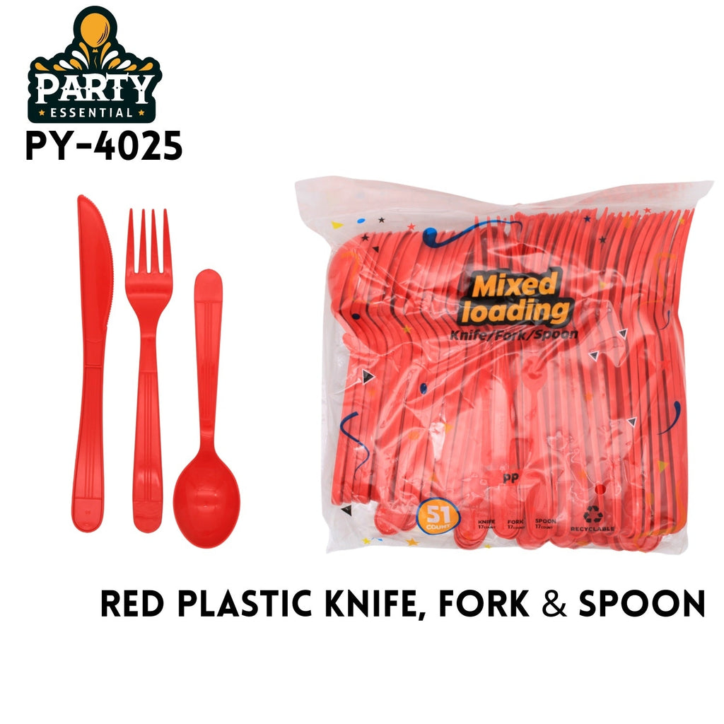 AEELLEEA 51 Piece Red Plastic Cutlery Set, 17 Knives 17 Forks 17 Spoons, Disposable Tableware for Party Picnic Wedding