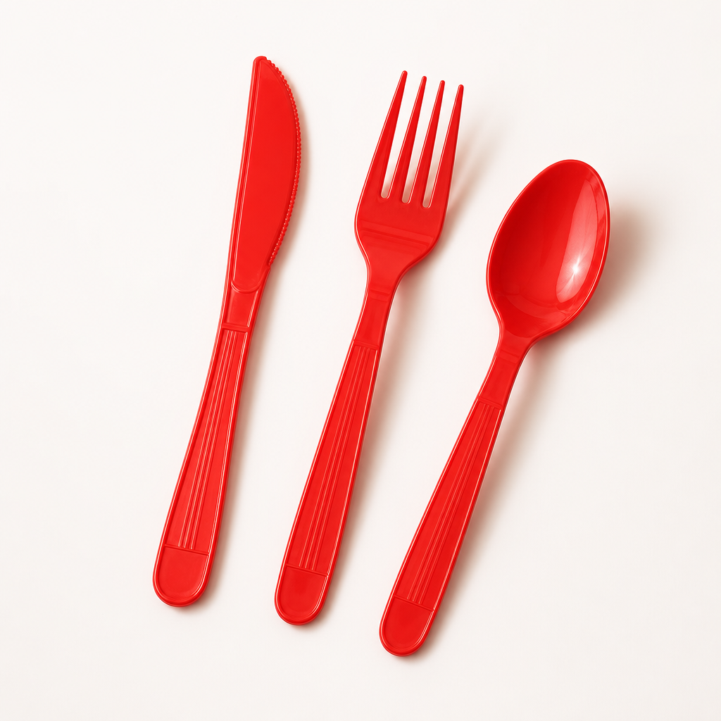 AEELLEEA 51 Piece Red Plastic Cutlery Set, 17 Knives 17 Forks 17 Spoons, Disposable Tableware for Party Picnic Wedding