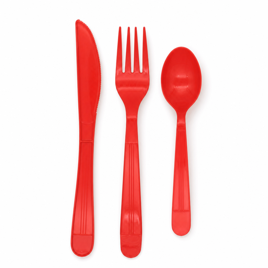 AEELLEEA 51 Piece Red Plastic Cutlery Set, 17 Knives 17 Forks 17 Spoons, Disposable Tableware for Party Picnic Wedding