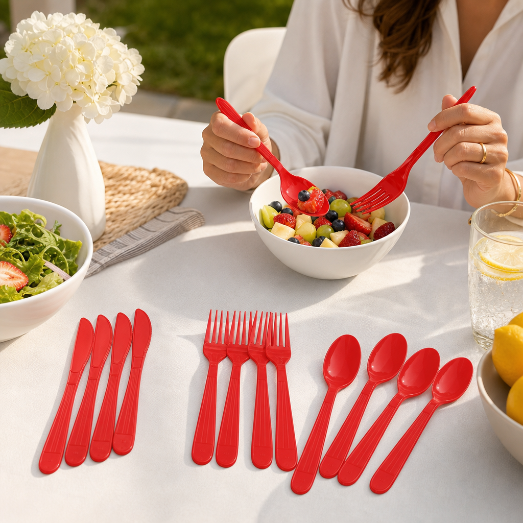 AEELLEEA 51 Piece Red Plastic Cutlery Set, 17 Knives 17 Forks 17 Spoons, Disposable Tableware for Party Picnic Wedding