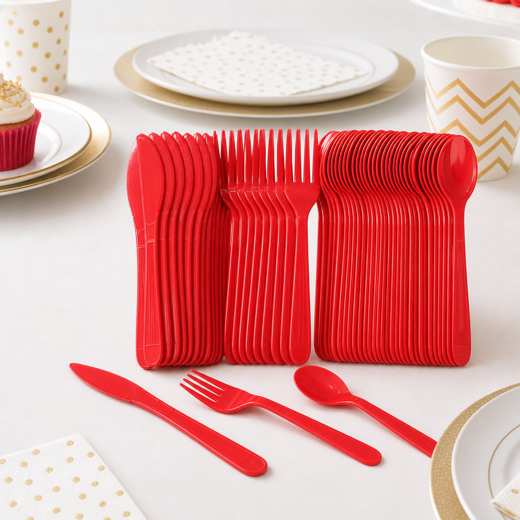 AEELLEEA 51 Piece Red Plastic Cutlery Set, 17 Knives 17 Forks 17 Spoons, Disposable Tableware for Party Picnic Wedding
