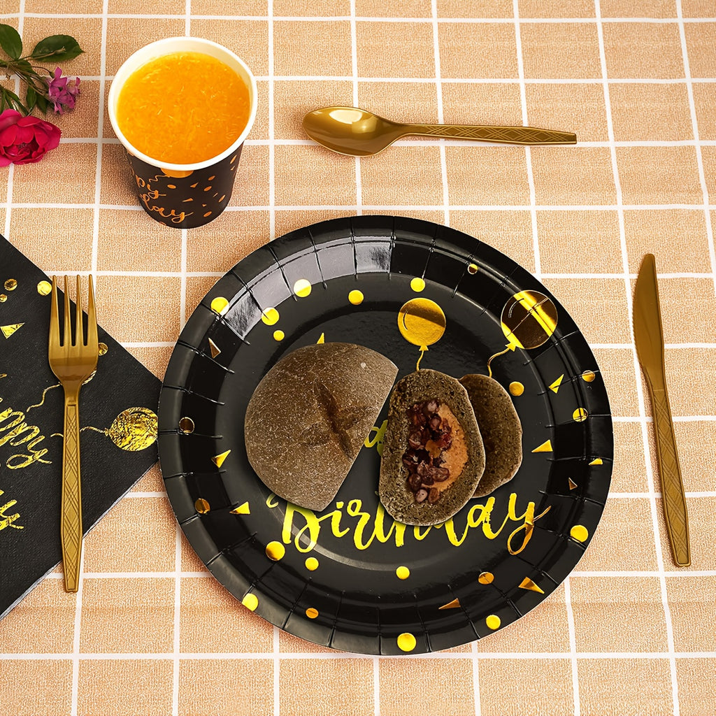 AEELLEEA 200 Piece Black Gold Birthday Party Supplies Set, Disposable Dinnerware for 25 Guests, Plates Cups Gold Cutlery Straws