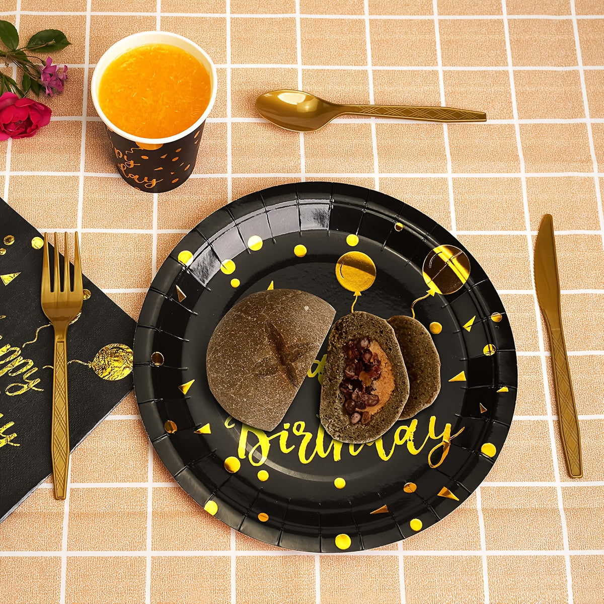 AEELLEEA 200 Piece Black Gold Birthday Party Supplies Set, Disposable Dinnerware for 25 Guests, Plates Cups Gold Cutlery Straws