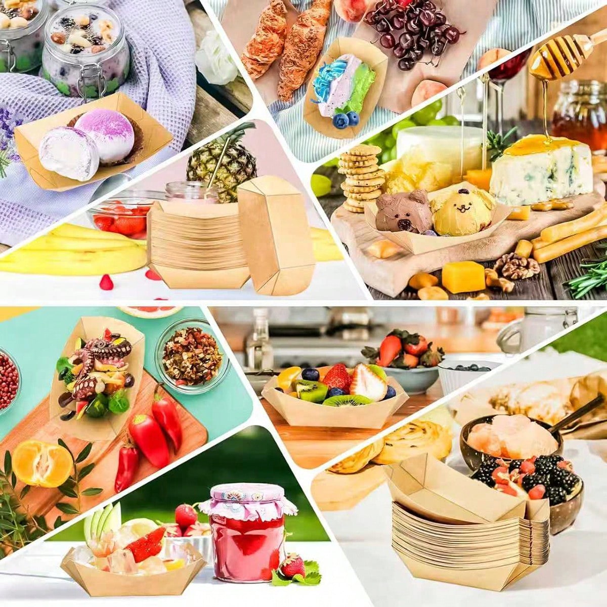 > AEELLEEA 100 Pack Paper Food Trays, Disposable Kraft Paper Boat Plates for Hot Dogs Fries Snacks BBQ Party