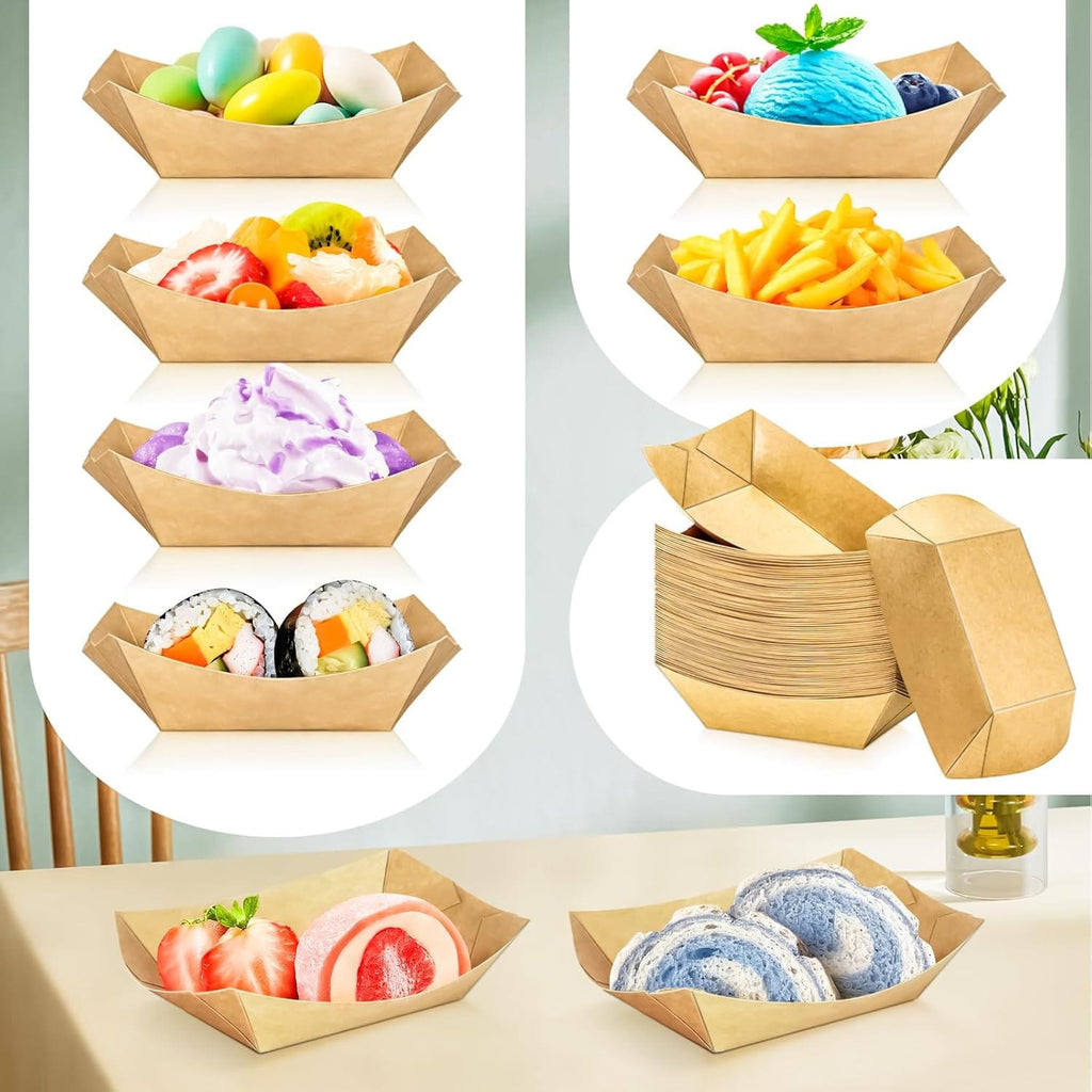 > AEELLEEA 100 Pack Paper Food Trays, Disposable Kraft Paper Boat Plates for Hot Dogs Fries Snacks BBQ Party