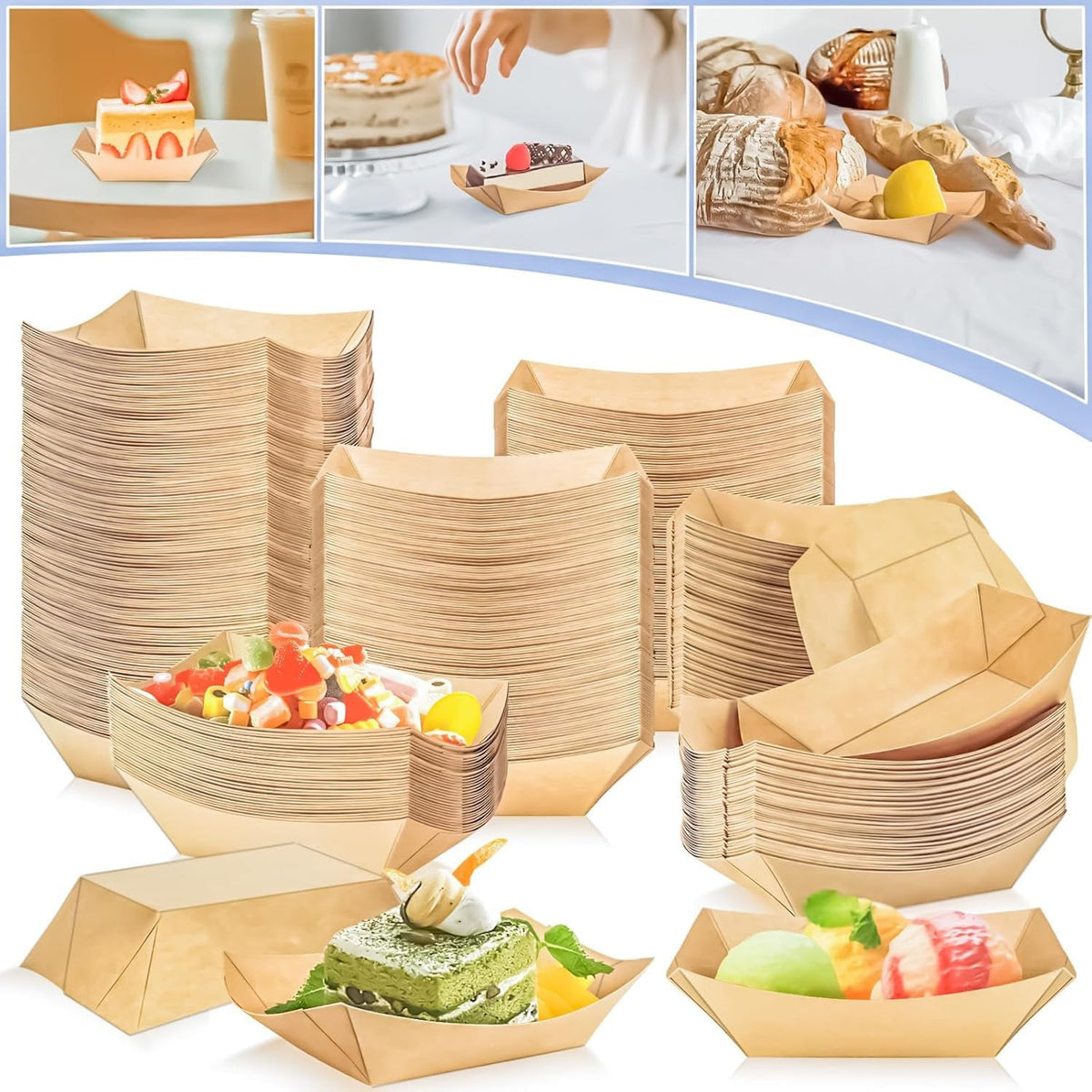 > AEELLEEA 100 Pack Paper Food Trays, Disposable Kraft Paper Boat Plates for Hot Dogs Fries Snacks BBQ Party
