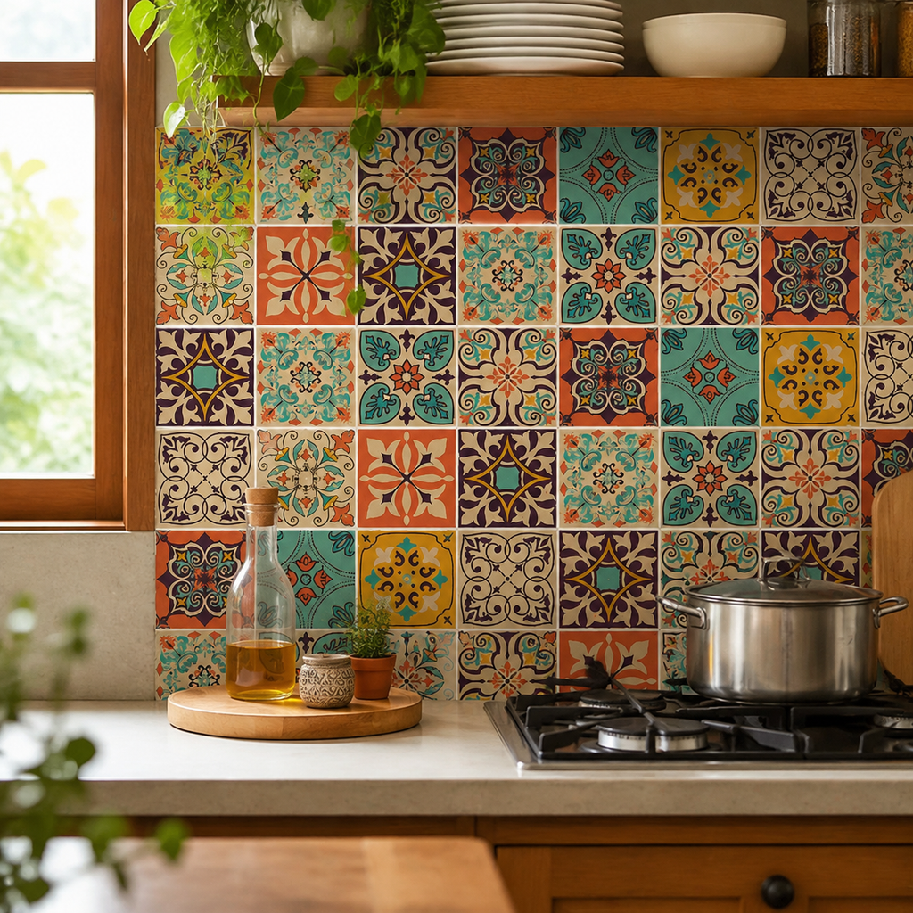 AEELLEEA 30 Pack Bohemian Peel and Stick Tile Stickers, Waterproof Self-Adhesive Wall Decals for Kitchen Bathroom Home Decor