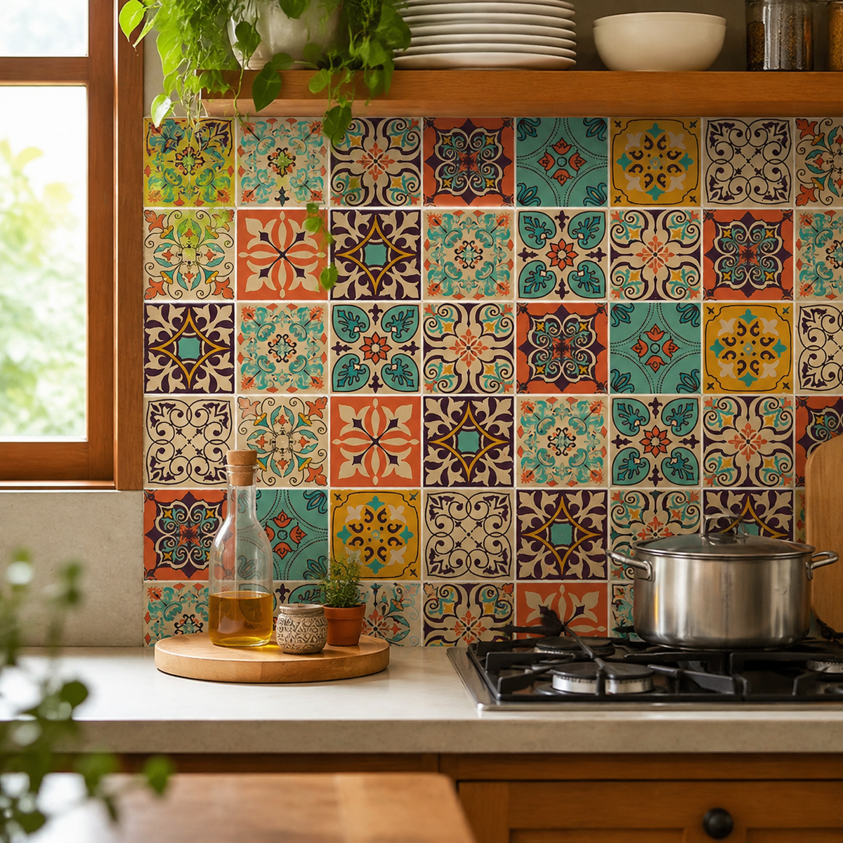 AEELLEEA 30 Pack Bohemian Peel and Stick Tile Stickers, Waterproof Self-Adhesive Wall Decals for Kitchen Bathroom Home Decor