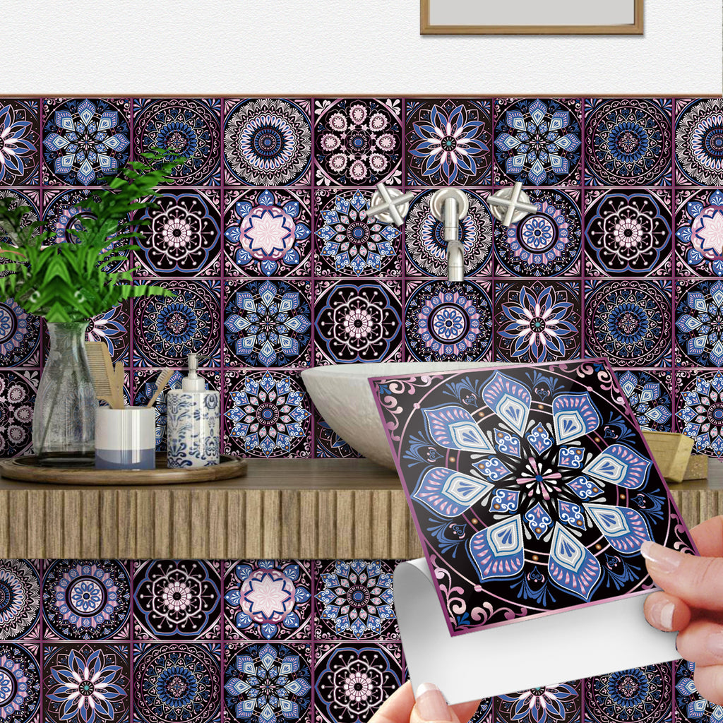 AEELLEEA 24 Pcs Mandala Peel and Stick Tile Stickers, Purple Blue Self-Adhesive Wall Decals for Kitchen Bathroom Decor