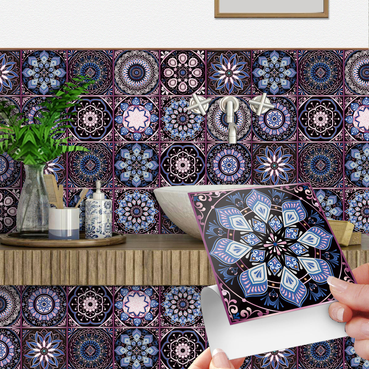 AEELLEEA 24 Pcs Mandala Peel and Stick Tile Stickers, Purple Blue Self-Adhesive Wall Decals for Kitchen Bathroom Decor