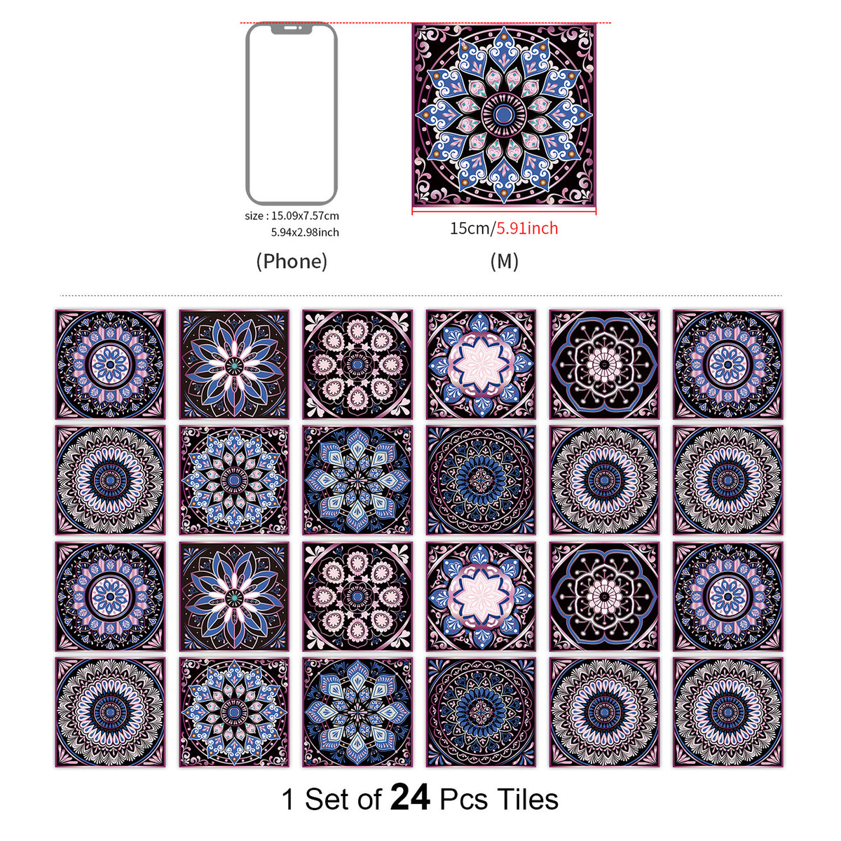 AEELLEEA 24 Pcs Mandala Peel and Stick Tile Stickers, Purple Blue Self-Adhesive Wall Decals for Kitchen Bathroom Decor