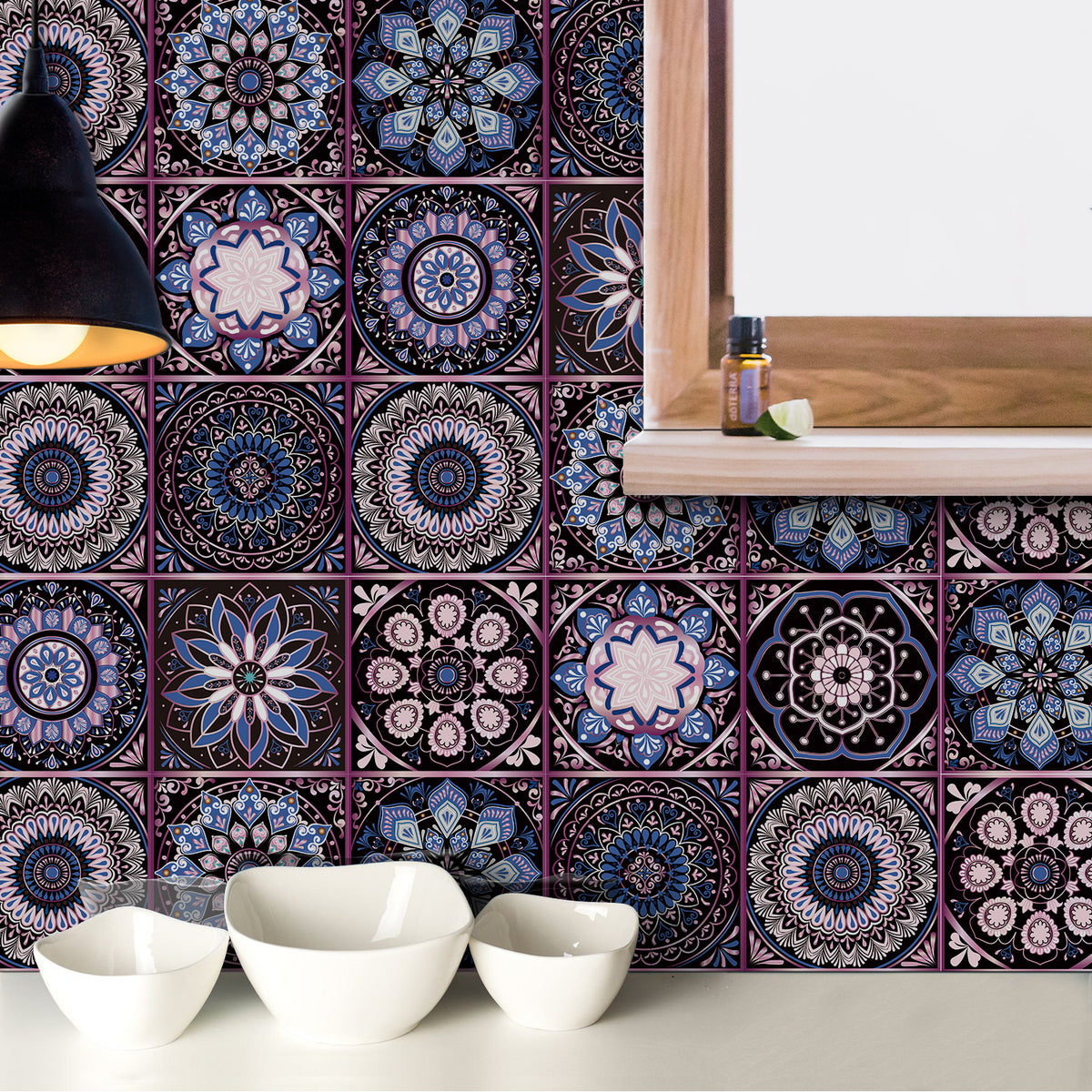 AEELLEEA 24 Pcs Mandala Peel and Stick Tile Stickers, Purple Blue Self-Adhesive Wall Decals for Kitchen Bathroom Decor