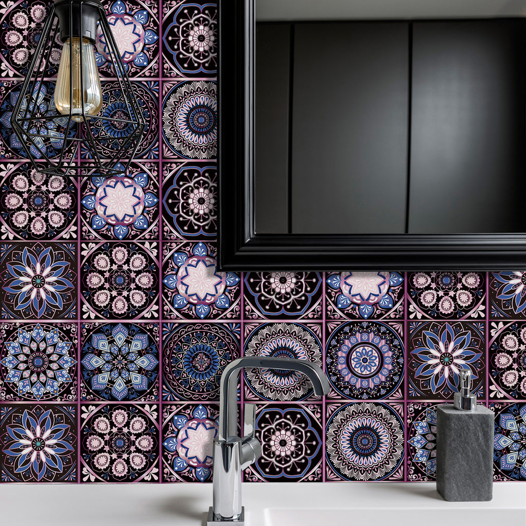 AEELLEEA 24 Pcs Mandala Peel and Stick Tile Stickers, Purple Blue Self-Adhesive Wall Decals for Kitchen Bathroom Decor