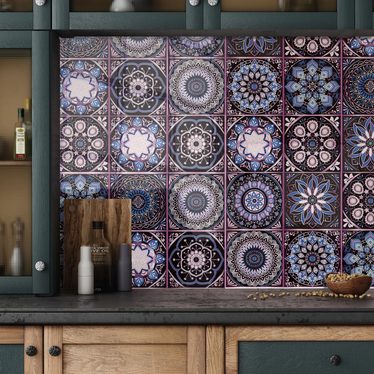 AEELLEEA 24 Pcs Mandala Peel and Stick Tile Stickers, Purple Blue Self-Adhesive Wall Decals for Kitchen Bathroom Decor