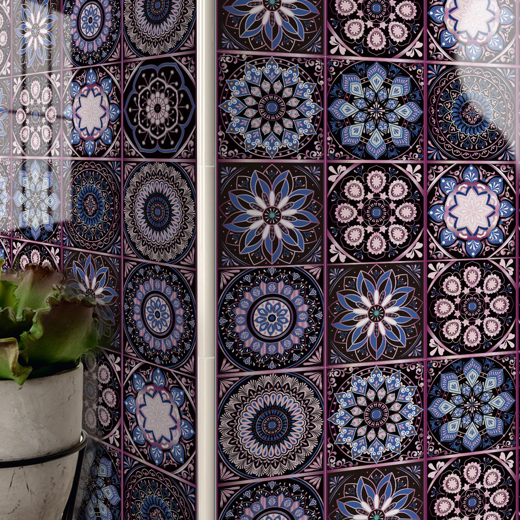 AEELLEEA 24 Pcs Mandala Peel and Stick Tile Stickers, Purple Blue Self-Adhesive Wall Decals for Kitchen Bathroom Decor
