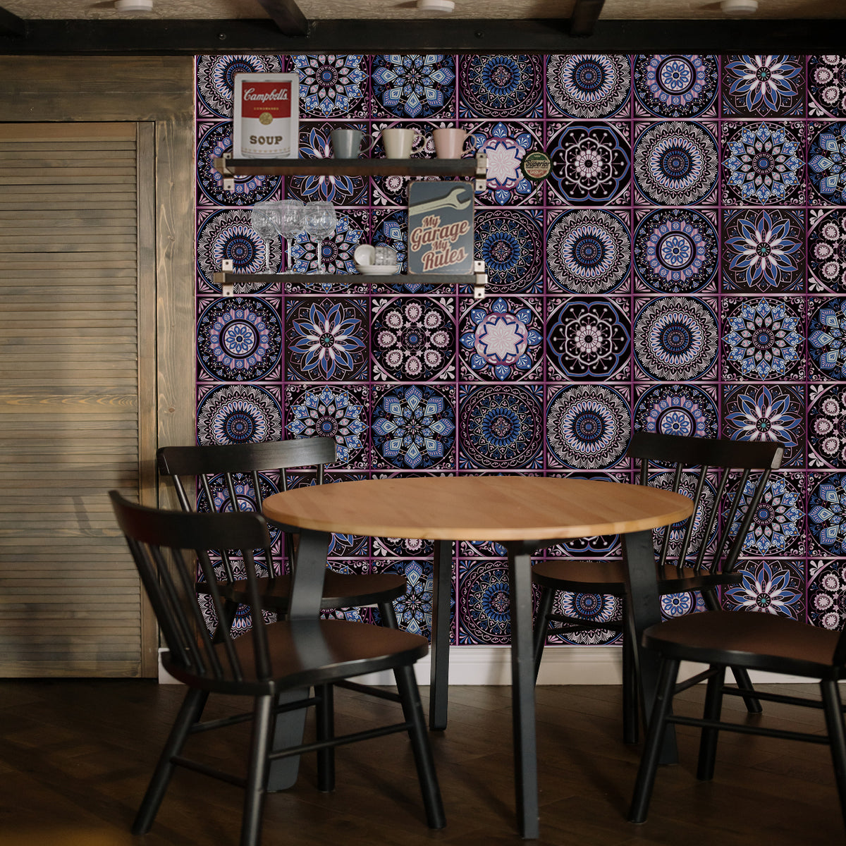 AEELLEEA 24 Pcs Mandala Peel and Stick Tile Stickers, Purple Blue Self-Adhesive Wall Decals for Kitchen Bathroom Decor