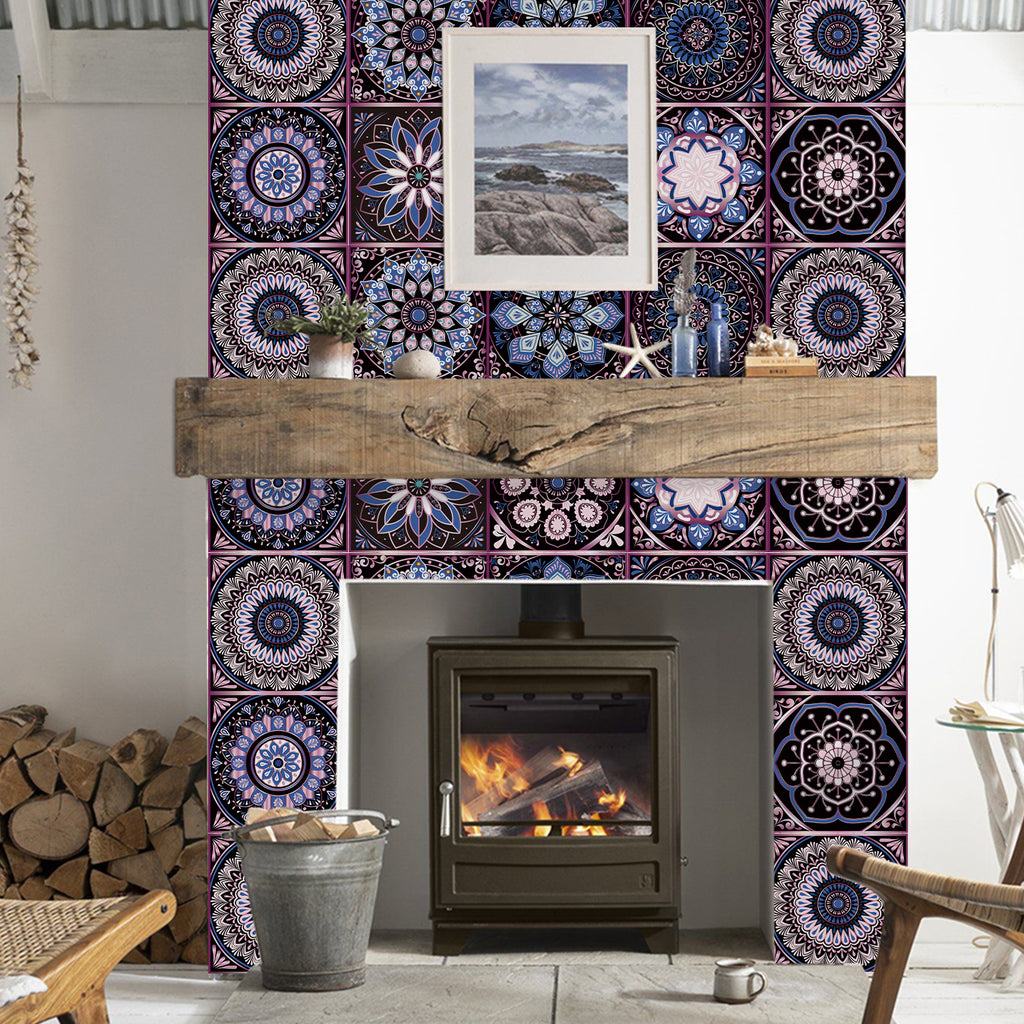 AEELLEEA 24 Pcs Mandala Peel and Stick Tile Stickers, Purple Blue Self-Adhesive Wall Decals for Kitchen Bathroom Decor