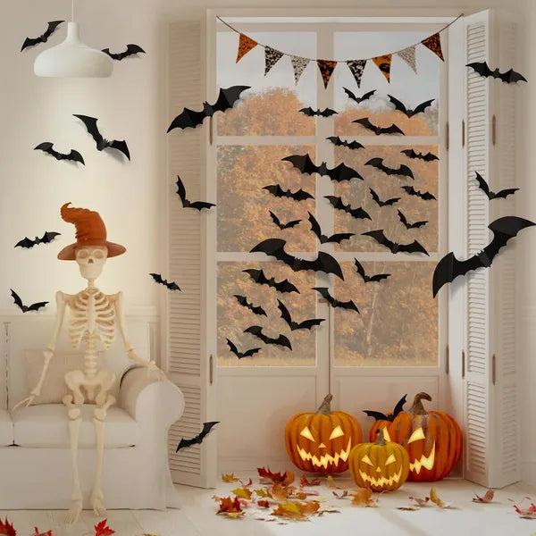 AEELLEEA 120 Pcs Halloween Bats Wall Decor, 3D Black PVC Bat Stickers Decals for Home Window Door Party Decorations