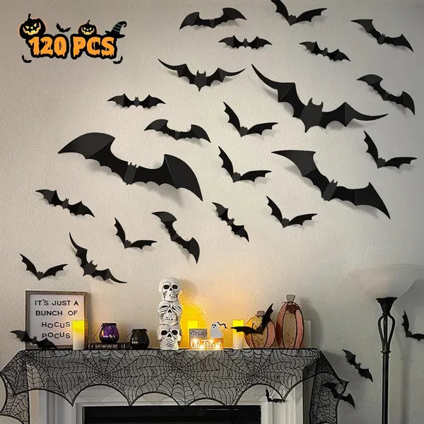 AEELLEEA 120 Pcs Halloween Bats Wall Decor, 3D Black PVC Bat Stickers Decals for Home Window Door Party Decorations
