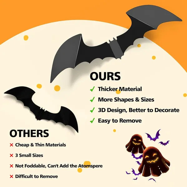 AEELLEEA 120 Pcs Halloween Bats Wall Decor, 3D Black PVC Bat Stickers Decals for Home Window Door Party Decorations