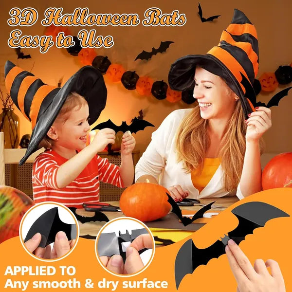 AEELLEEA 120 Pcs Halloween Bats Wall Decor, 3D Black PVC Bat Stickers Decals for Home Window Door Party Decorations