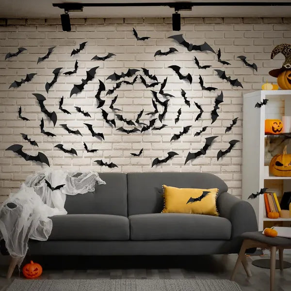 AEELLEEA 120 Pcs Halloween Bats Wall Decor, 3D Black PVC Bat Stickers Decals for Home Window Door Party Decorations