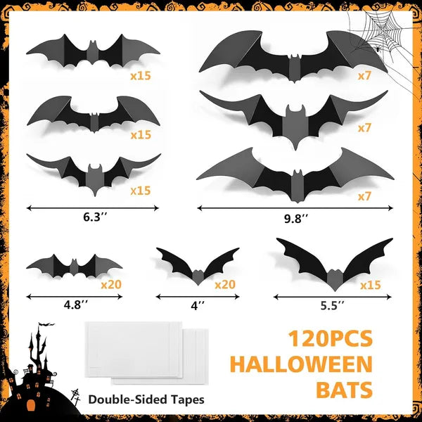 AEELLEEA 120 Pcs Halloween Bats Wall Decor, 3D Black PVC Bat Stickers Decals for Home Window Door Party Decorations