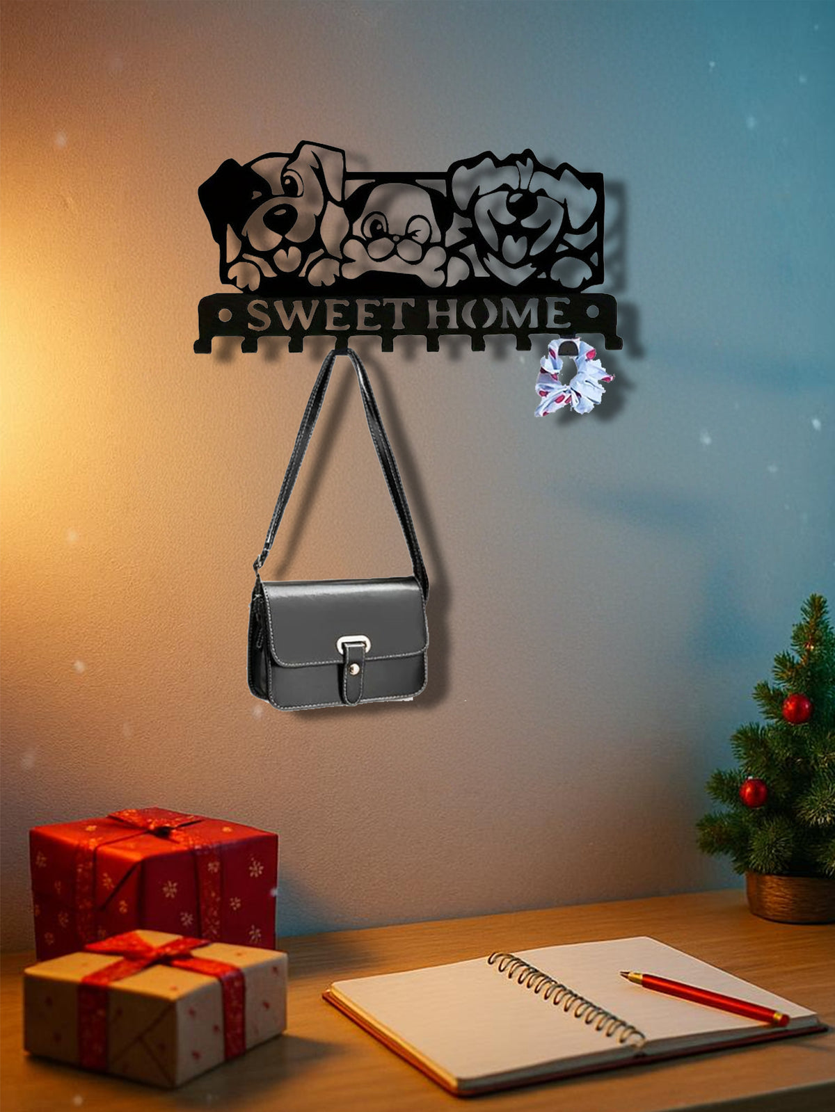 AEELLEEA Dog Wall Hooks, Black Metal Coat Rack with Sweet Home Lettering, Key Holder for Entryway Bathroom