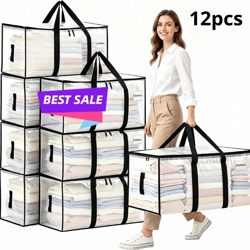 AEELLEEA 12 Pack Moving Bags, 95L Extra Large Clear Storage Bags with Handles and Zipper for Clothes