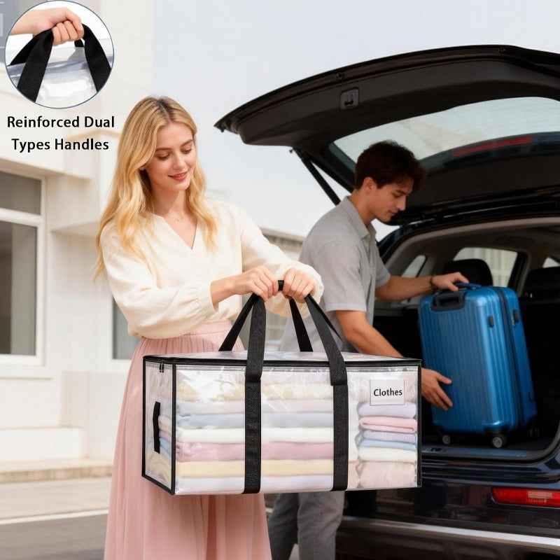 AEELLEEA 12 Pack Moving Bags, 95L Extra Large Clear Storage Bags with Handles and Zipper for Clothes