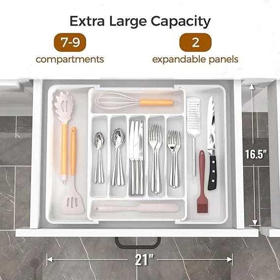 AEELLEEA Expandable Silverware Organizer Tray, Adjustable Kitchen Drawer Utensil Holder for Flatware, White