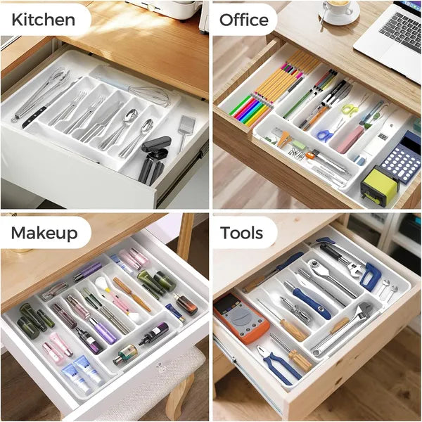 AEELLEEA Expandable Silverware Organizer Tray, Adjustable Kitchen Drawer Utensil Holder for Flatware, White