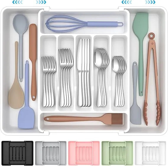 AEELLEEA Expandable Silverware Organizer Tray, Adjustable Kitchen Drawer Utensil Holder for Flatware, White