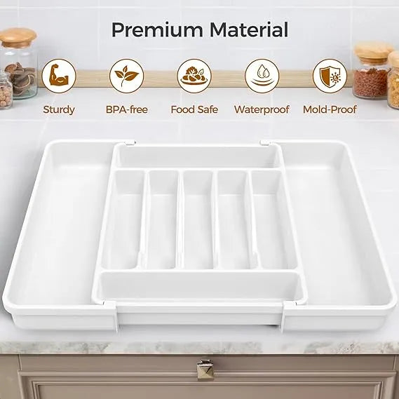 AEELLEEA Expandable Silverware Organizer Tray, Adjustable Kitchen Drawer Utensil Holder for Flatware, White