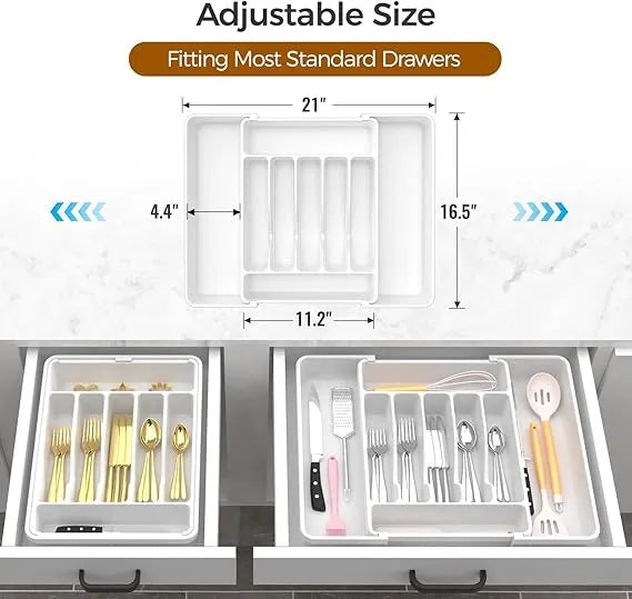 AEELLEEA Expandable Silverware Organizer Tray, Adjustable Kitchen Drawer Utensil Holder for Flatware, White