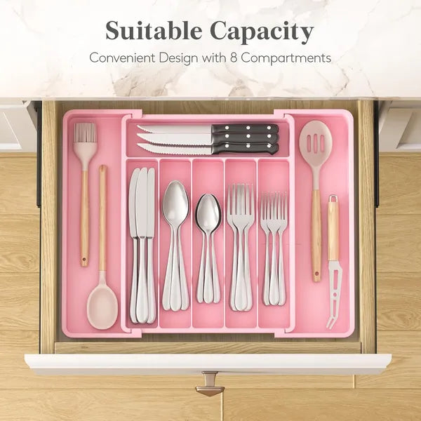 AEELLEEA Expandable Silverware Organizer Tray, Pink Adjustable Kitchen Drawer Utensil Holder for Flatware