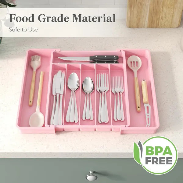 AEELLEEA Expandable Silverware Organizer Tray, Pink Adjustable Kitchen Drawer Utensil Holder for Flatware