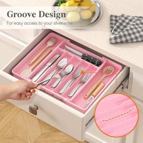 AEELLEEA Expandable Silverware Organizer Tray, Pink Adjustable Kitchen Drawer Utensil Holder for Flatware