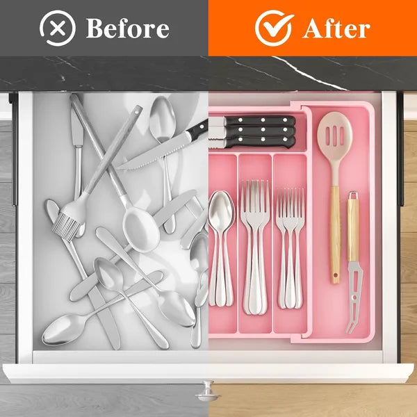 AEELLEEA Expandable Silverware Organizer Tray, Pink Adjustable Kitchen Drawer Utensil Holder for Flatware