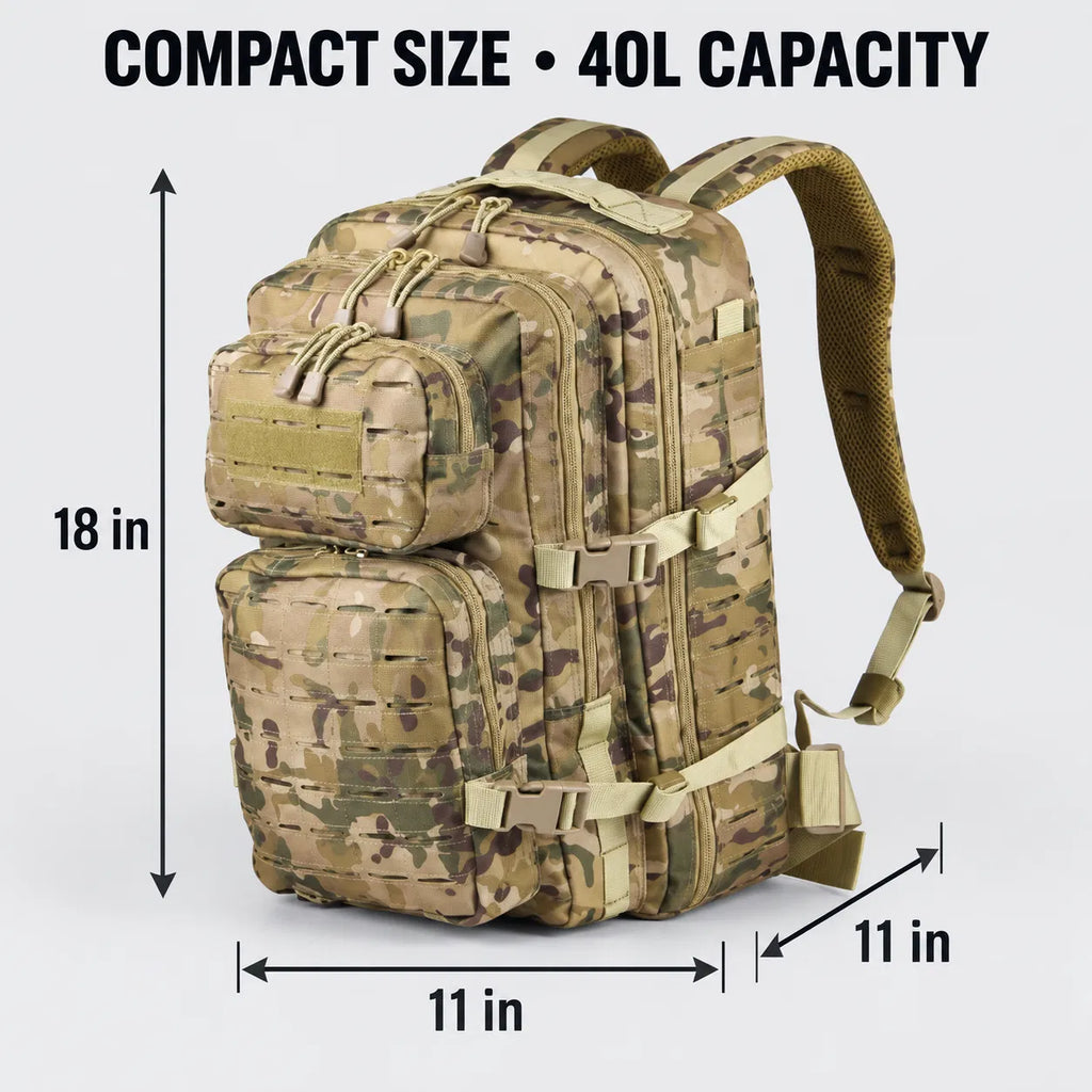 40L Tactical Backpack, Laser Cut MOLLE Assault Pack, Camo Rucksack for Hiking Hunting Camping Trekking, 11x11x18"