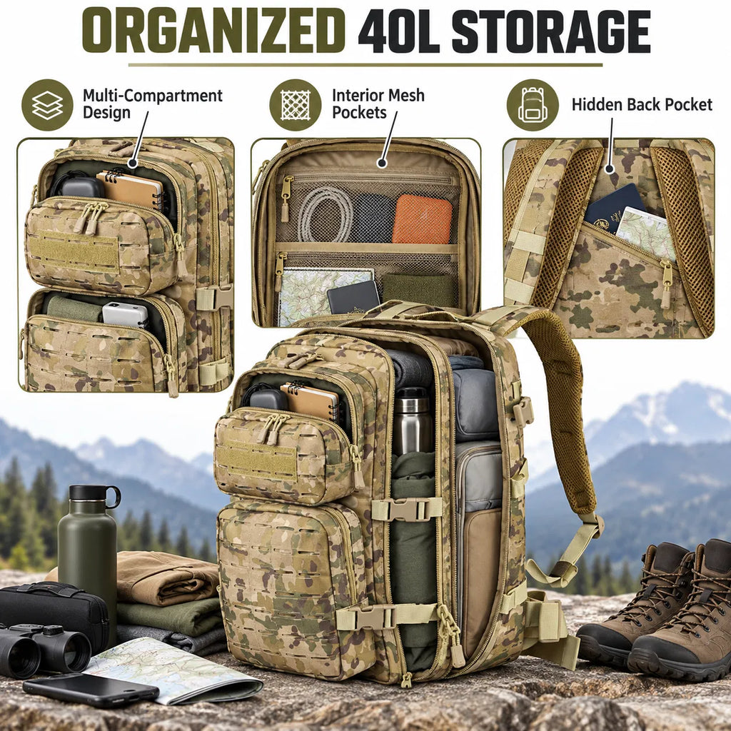 40L Tactical Backpack, Laser Cut MOLLE Assault Pack, Camo Rucksack for Hiking Hunting Camping Trekking, 11x11x18"