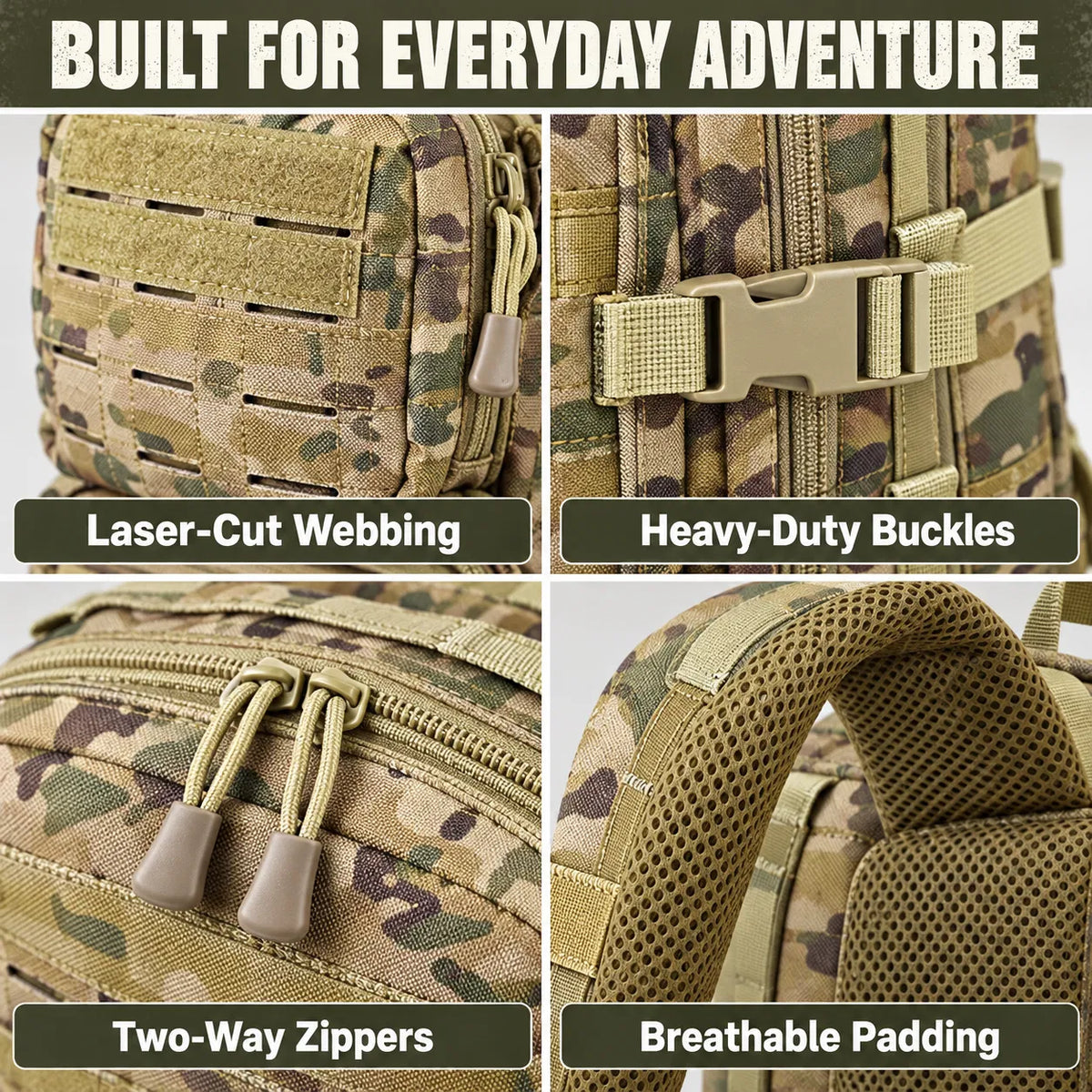 40L Tactical Backpack, Laser Cut MOLLE Assault Pack, Camo Rucksack for Hiking Hunting Camping Trekking, 11x11x18"