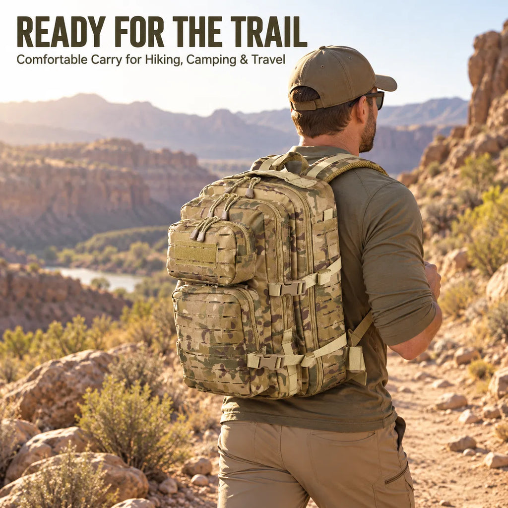 40L Tactical Backpack, Laser Cut MOLLE Assault Pack, Camo Rucksack for Hiking Hunting Camping Trekking, 11x11x18"